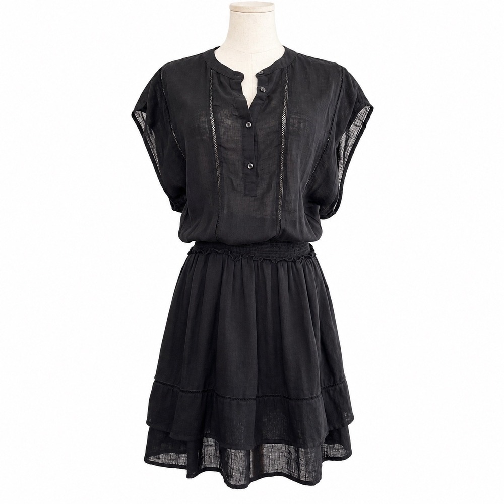 Rails Tara Black Linen Blend Gauzy Mini Dress L Lace Smocked Tiered Resort
